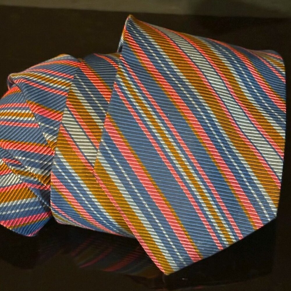 Dior Mid Century Modern Neckwear Tie 100% All Silk Neon Orange Blue ink Brown
